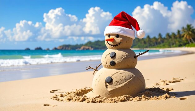 A sandman wearing a Santa hat on a sunny beach