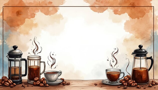 French press and coffee cups sit on wooden table with beans. Hot steam rises from cups. Watercolor background with frame for text. Perfect cafe menu art.