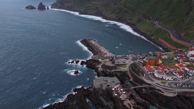 Aerial View of Porto Moniz Madeira Portugal Coastal Town and Natural P