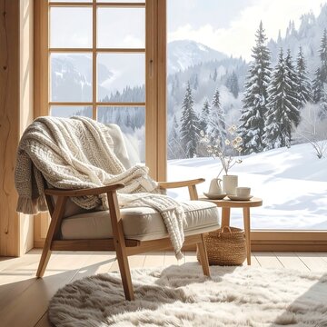 Cozy cabin chair by window with snowy mountain view
