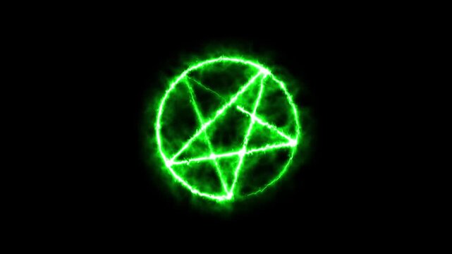 Mystical bright neon fire effect pentacle or inverted pentagram in circle on black background.4k video animation