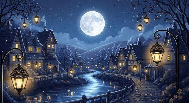 Moonlit village street with lampposts river.