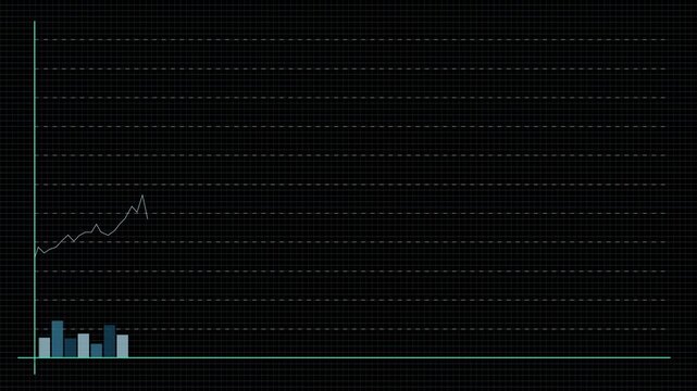 Animated financial graph with increasing blue bars and white line showing positive growth on grid background motion graphic.