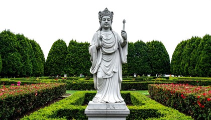 Fototapeta premium A serene marble statue of a figure with a crown and staff stands centered in a meticulously landscaped garden, with neatly trimmed hedges and a backdrop of verdant trees under a bright sky
