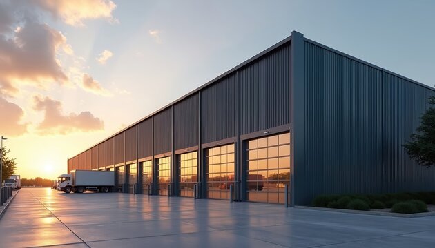 Modern grey warehouse with large glass garage doors reflects sunset sky. Trucks parked outside a large industrial building with metal cladding on a clear day.