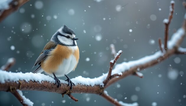 Small willow tit bird perches on snow covered branch during winter snowfall. This songbird has brown and white feathers. Nature and wildlife close-up.