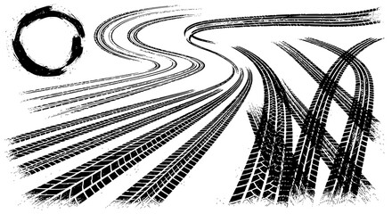 Fototapeta premium Tire tread marks after skidding, launch, drift, powerslide in motorsport, rally, off-road, motocross. Wheel texture with splash effect. Vector, JPEG version.
