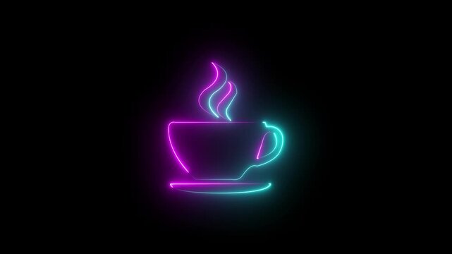 Glowing neon line Coffee cup icon isolated on black background. Tea cup. Hot drink coffee tea 4K Video motion graphic animation.