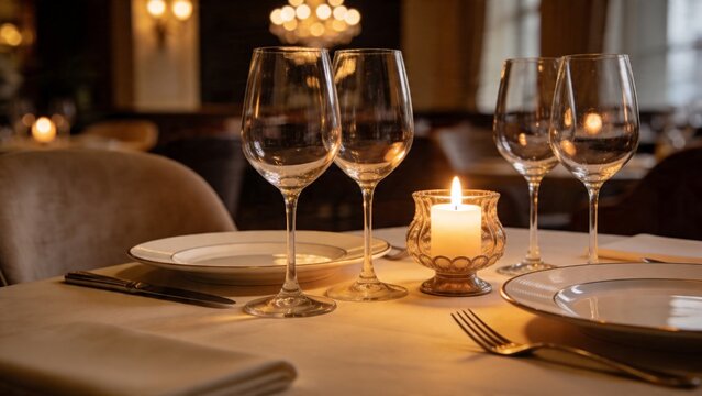Elegant fine dining table setup with wine glasses, candles, and plates, creating a cozy upscale restaurant atmosphere.