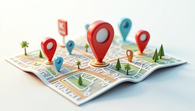3D map with location pins. Digital map shows streets and pins for navigation. Explore places, plan route, find destination point. GPS navigation concept art.