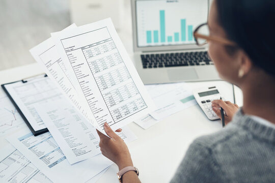 Reading, document or hands with calculator in office, balance sheet audit or balancing ledger process. Review, laptop screen or woman with chart for compliance check, tax filing or credit report