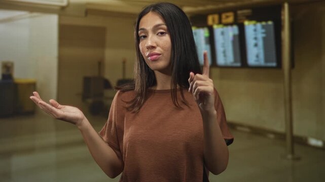 Woman points finger with open hand at airport terminal near flight screens; confidence guidance travel direction.