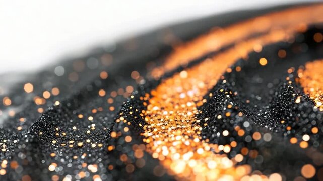 This shows a hands-on activity of arranging orange and black glitter in an artistic design. The colors mix and shine under light, forming patterns. Watch how easy it is to create