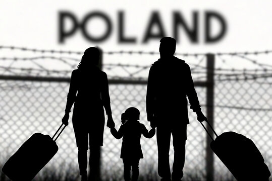 A family is standing in front of the fence at the Polish border and wants to immigrate to Poland