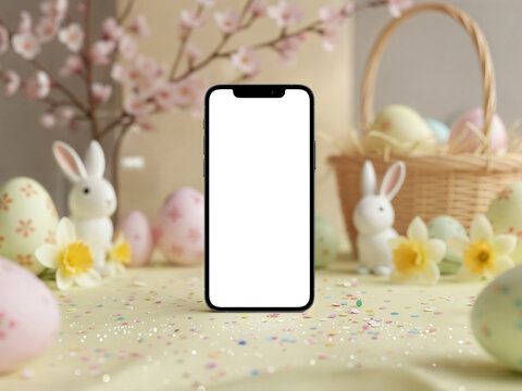 Smartphone mockup with blank white screen on festive Easter background. Spring scene with cherry blossom, easter eggs, bunnies and flowers. Mobile app or web interface promotion template
