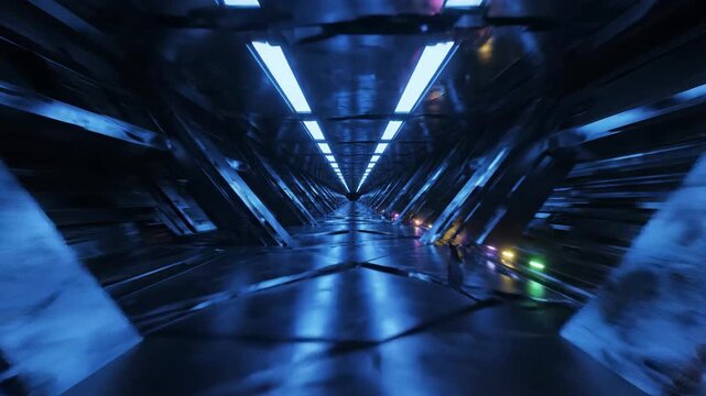 Abstract dark tunnel with triangular structures and glowing lights