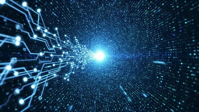 Abstract cyberspace network with binary data stream tunnel animation