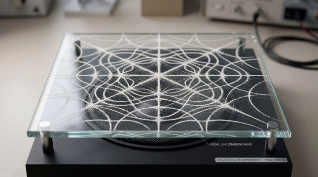 Experiment shows standing waves on a sound plate using sand pattern in a lab setting
