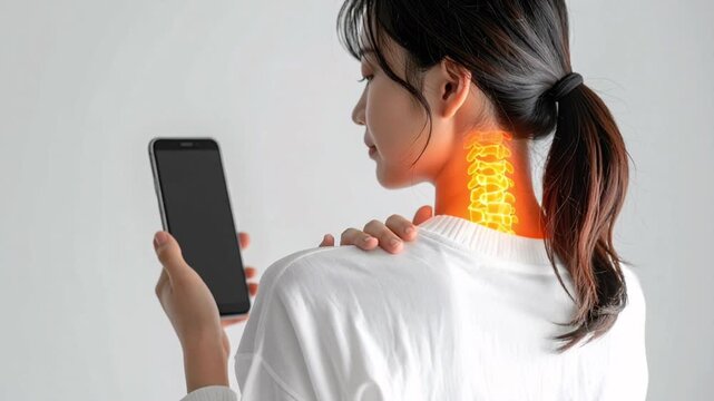 スマートフォンを操作中に首や肩の痛みを感じる女性  ストレートネック・スマホ首・肩こり