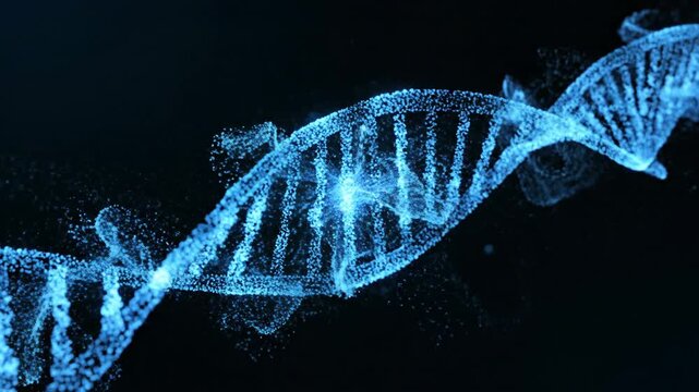 Abstract blue dna helix structure rotating against dark background