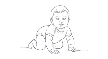 Fototapeta premium A cute baby crawls on all fours with a curious expression on face