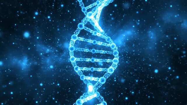 Abstract blue dna strand structure with glowing particles background