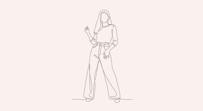 A minimalist line drawing of a woman holding a phone in her hand standing alone.