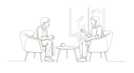 Fototapeta premium Two people sit in chairs facing each other with a table between