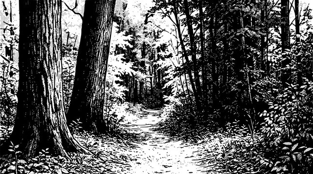 A serene forest path with tall trees and underbrush