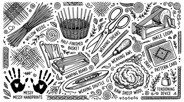 Various weaving tools and materials for textile creation shown