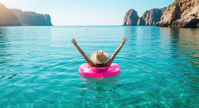 Woman floats on pink inflatable ring in ocean with raised arms. An idyllic shot of summer bliss and carefree spirit. Tropical escape, joyful relaxation, coastal adventure.