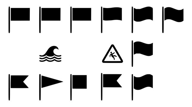 Black flags and warning signs vector graphic illustration set