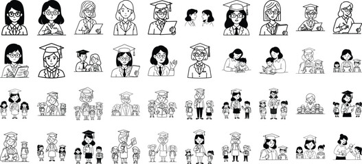 Obraz premium A collection of black and white sketch icons illustrating various academic and school scenarios