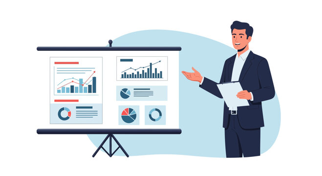 Business presentation on data trends with graphs and charts in a clear setting led by a presenter at a meeting