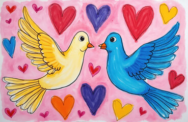 Fototapeta premium Two cartoon birds, yellow and blue, fly among colorful hearts. Childrens drawing expresses hope for world peace and love. Simple art shares positive message of harmony and unity.