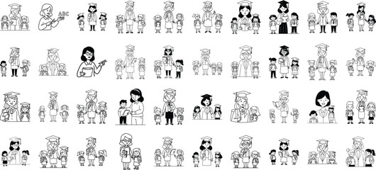 Obraz premium A collection of black and white sketch illustrations depicting teachers with students in school