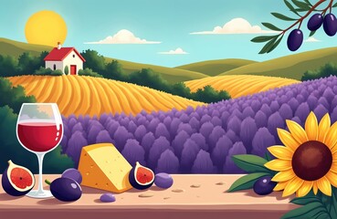 Fototapeta premium French countryside landscape with lavender fields golden grain harvest and vineyards. Farmhouse with red roof near olive trees and sunflower. Wine cheese figs and olives served on table.