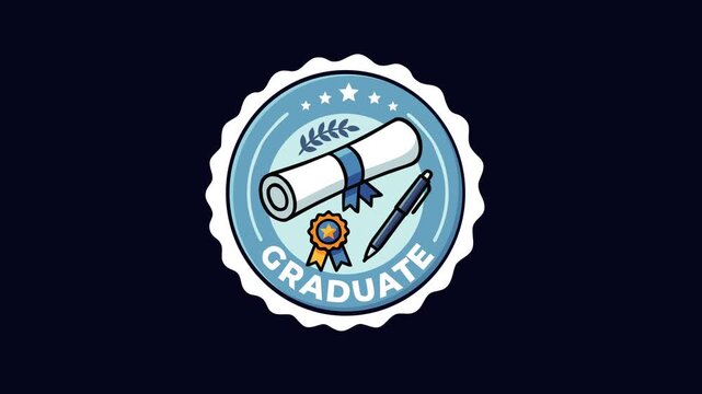 Clean academic emblem featuring diploma scroll, ribbon, pen and award badge on dark blue background. Represents graduation success, certification, education milestones and academic achievement.