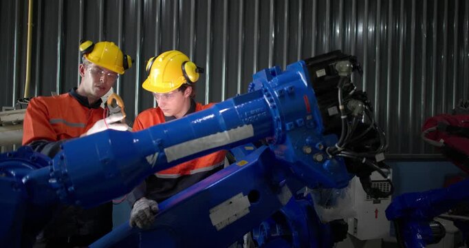 Robotic technicians use clamp meter to measure current within robotic arm. Troubleshooting process, aimed at diagnosing electrical issues, shorts, overloads, inefficiencies in electrical system.
