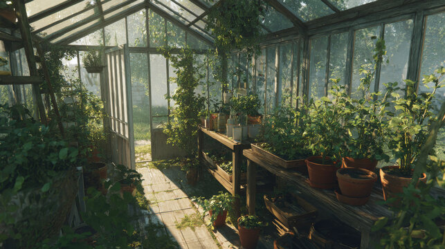 Organic simple garden greenhouse filled with plants idyllic sunny summer day, family farm style cheerfulness happy tones, backyard garden nature background