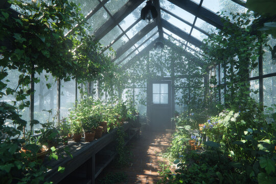 Organic simple garden greenhouse filled with plants idyllic sunny summer day, family farm style cheerfulness happy tones, backyard garden nature background