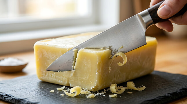 Person cuts cheese on slate board with knife indoors at kitchen table