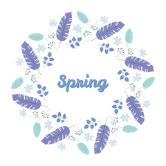 Decorative wreath of purple, blue, and green leaves with flowers, surrounding the word Spring in cursive font, seasonal design perfect for greeting cards, posters, and spring-themed projects © Lipitorika