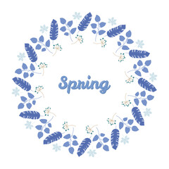 Decorative wreath of blue and light blue leaves with small flowers, surrounding the word Spring in script font, seasonal design perfect for greeting cards, posters, and spring-themed projects © Lipitorika