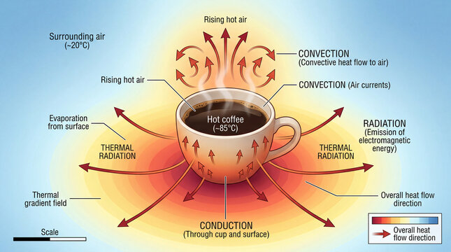 Understanding heat transfer in a cup of coffee using convection, conduction, and radiation processes