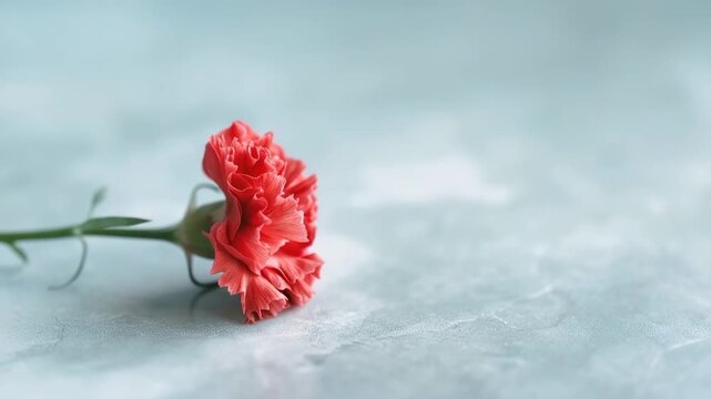 A single red carnation sits on a marble surface. The light shines softly on the flower, highlighting its shape and color. The setting is simple, allowing attention to the flower