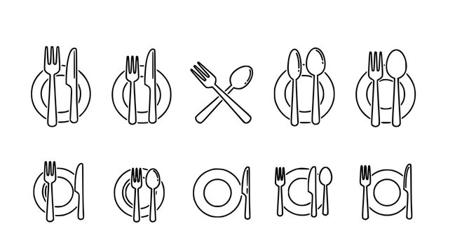Fork and spoon outline icon set with plate minimal restaurant utensil symbols for app and web design