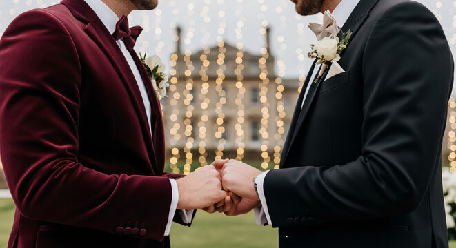 Two people in formal attire holding hands, one in maroon velvet suit, one in black suit, symbolizes unity, commitment and partnership, with lights background