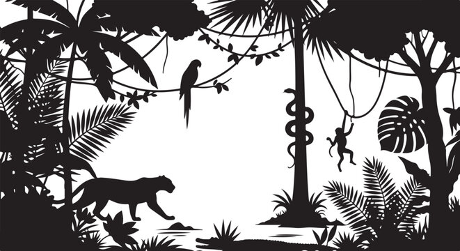 Jungle, tropical, black, silhouette, illustration, exotic, plants, animals,  vector graphics