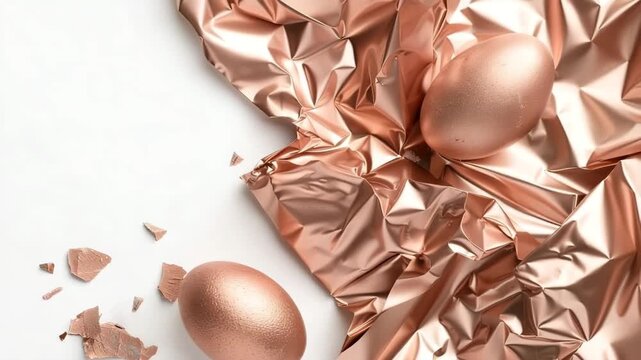 Two metallic Easter eggs rest on crumpled shiny foil, surrounded by small pieces of chocolate. The setting shows a festive atmosphere for an egg hunt or spring event